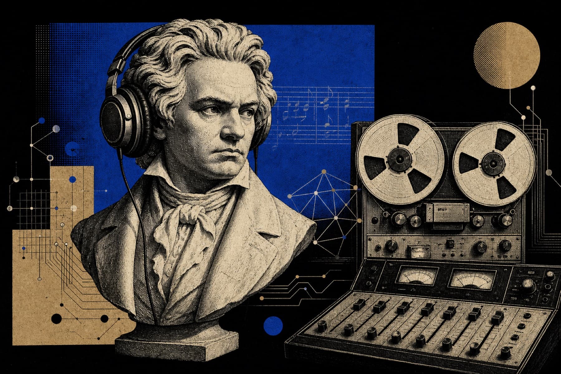 A marble composer bust in studio headphones beside a vintage tape machine and mixing console — music heritage meets AI agents.